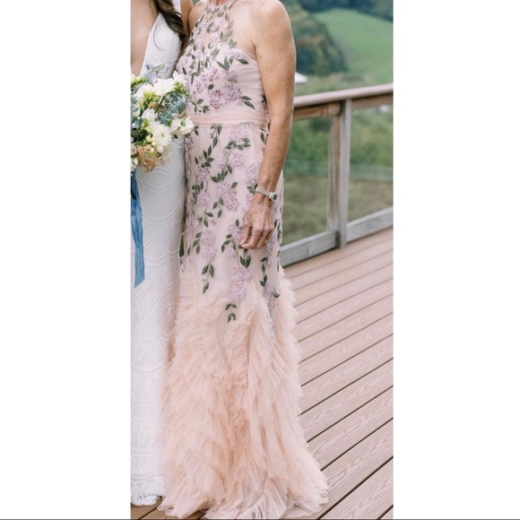 MARCHESA NOTTE
Floral Embroidered Ruffle-Hem Halter Gown - Picture 2 of 11